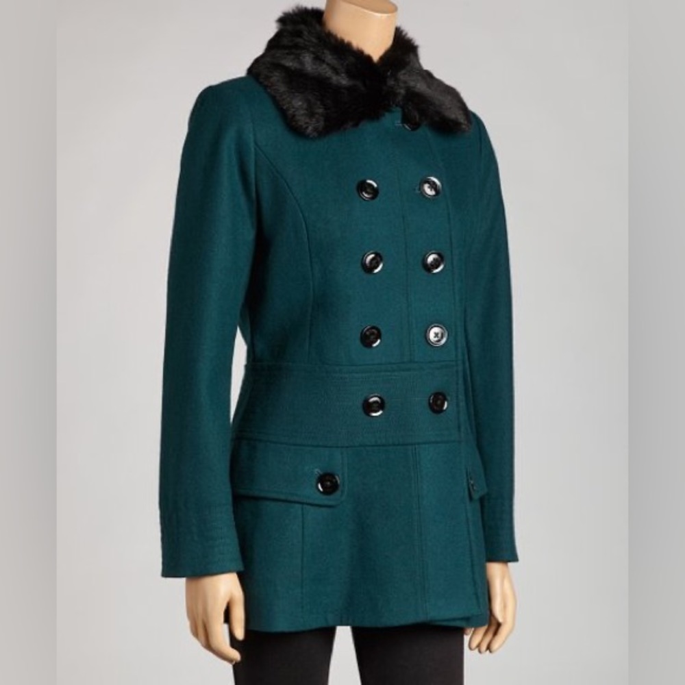 Vintage Esprit Emerald Green Peacoat with removable Faux Fur Collar, size XS